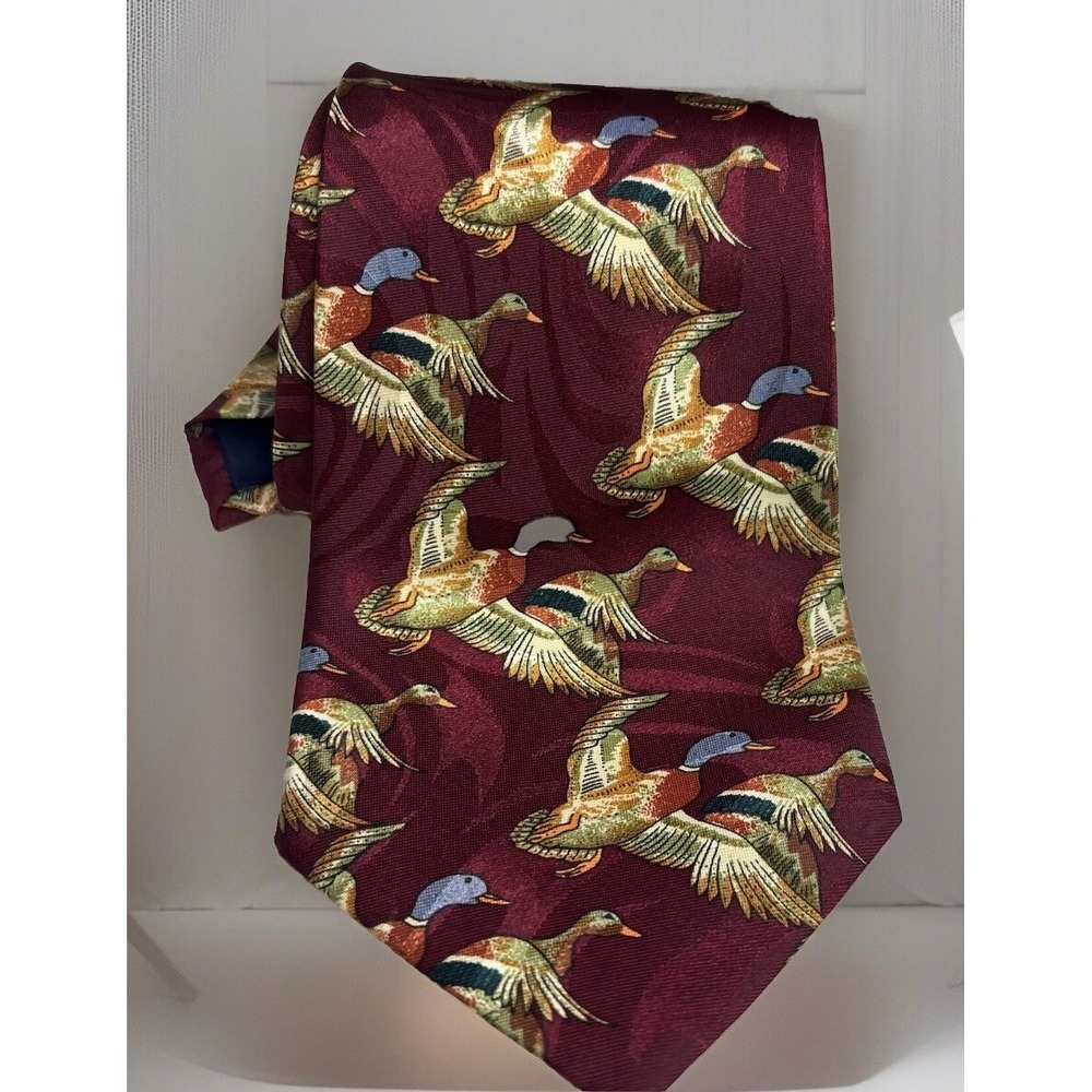 Reaissance Handmade Tie Ducks All Over Print Burgundy Jacquard 4x58 Gold Green